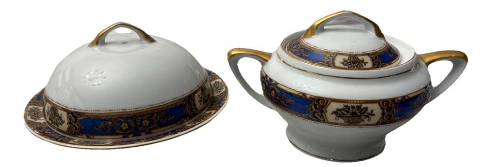 1960's Victoria Czechoslovakia Porcelain Sugar Bowl & Butter Dish Set Gold Trim